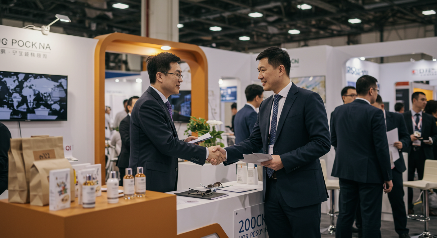 Современное здание Shenzhen World с толпами гостей и рекламными баннерами