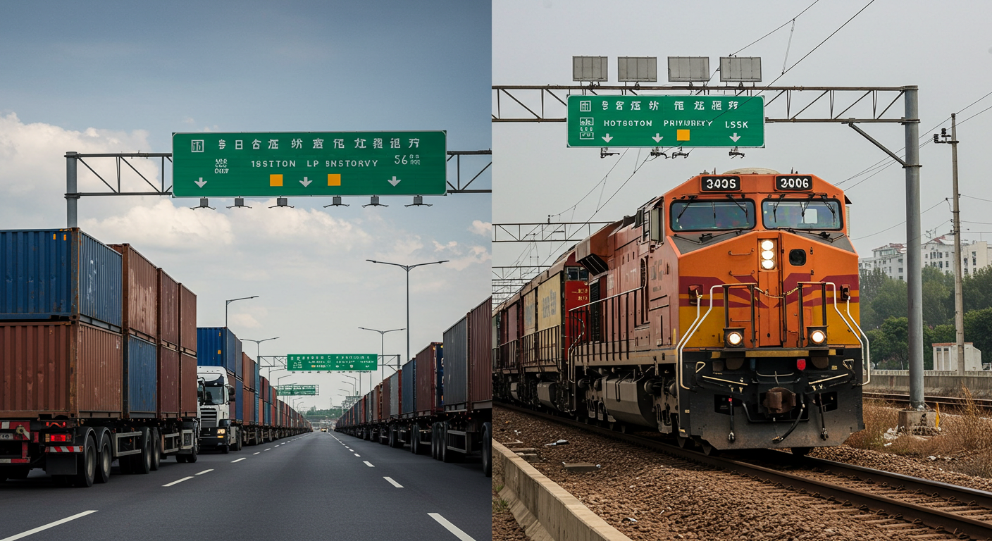 Современный склад в Китае с грузовиками и поездами, работающие логисты загружают товары