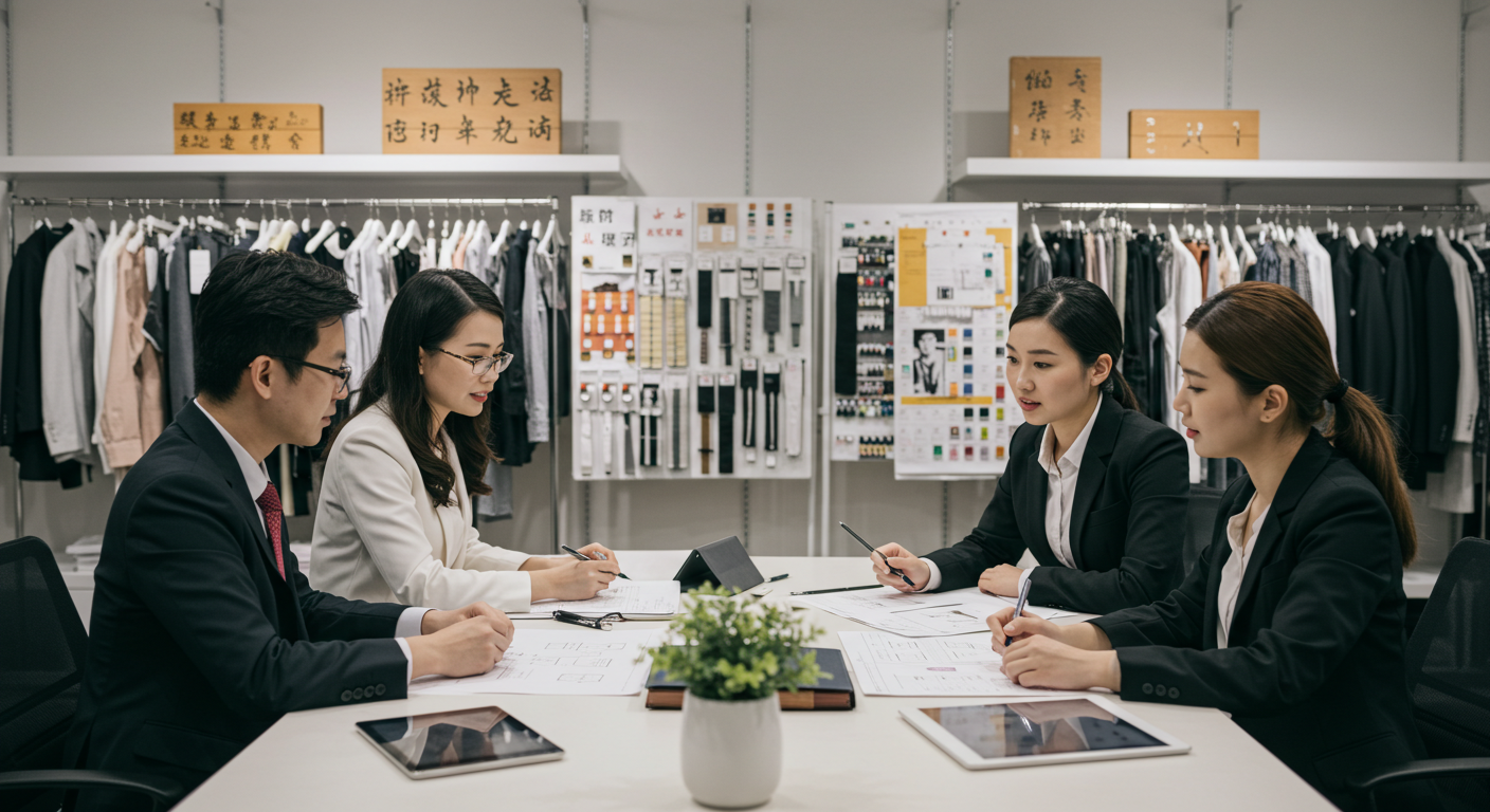 Современный китайский швейный цех, работающие на машинах, яркие баннеры