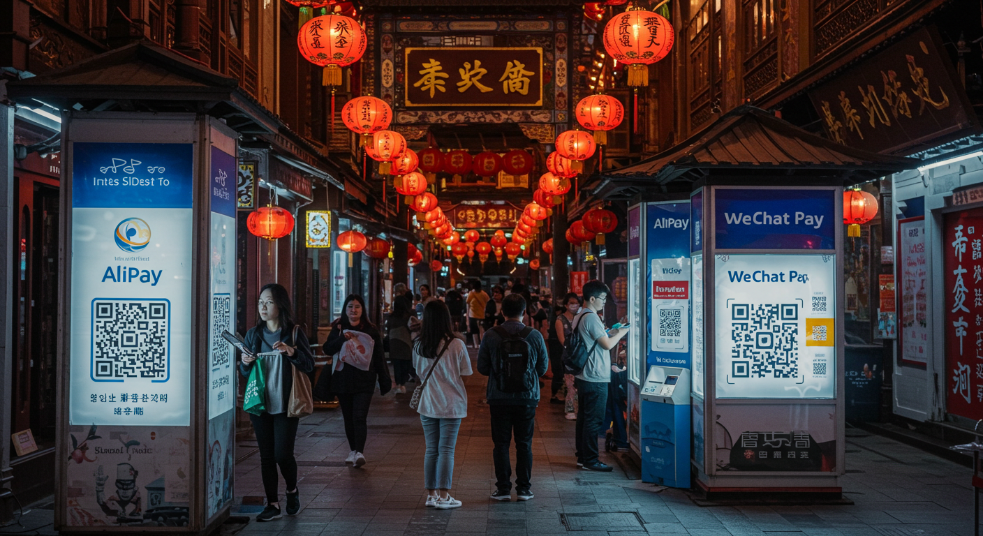 Современный китайский офис, обсуждение Alipay и WeChat среди бизнесменов