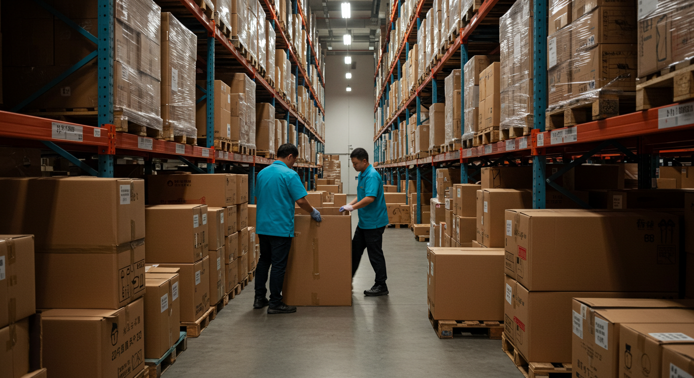 Современный логистический центр в Гуанчжоу с грузовиками и коробками