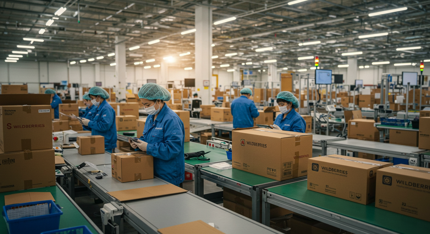 Современный логистический центр в Китае с грузовыми автомобилями и роботами