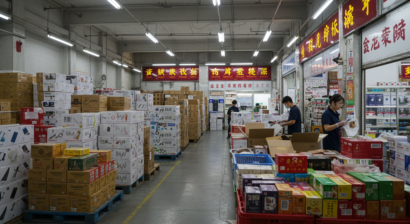 Современный склад с электроникой и работниками, используя сканеры штрих-кодов