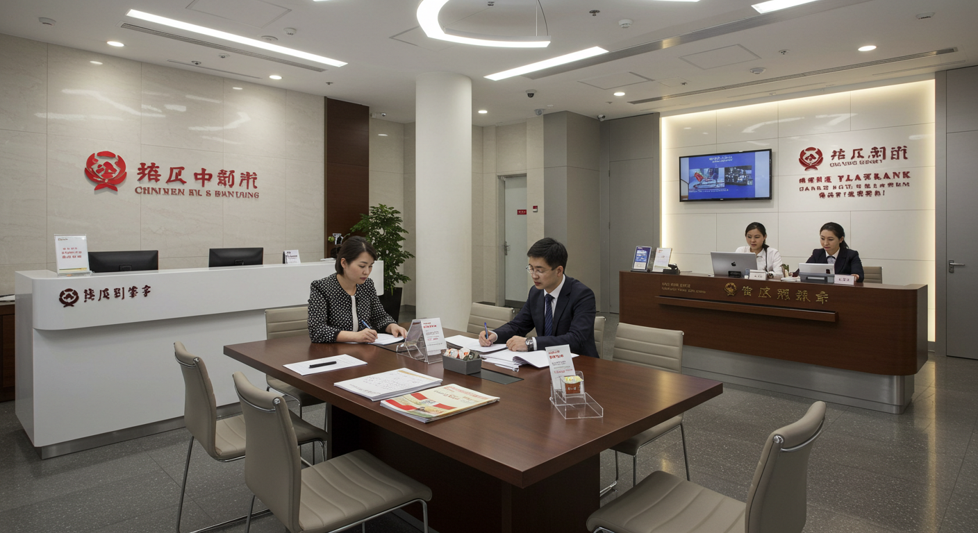 Современный деловой район с логистическим хабом и банком, грузовик рядом с отделением.