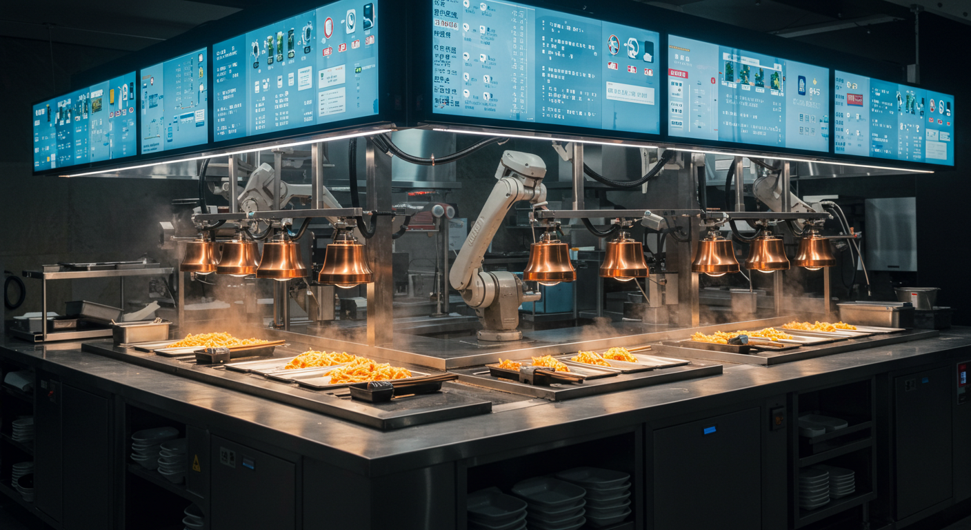 Современный интерьер китайского ресторана с роботами, повара-роботы за стеклянной стеной