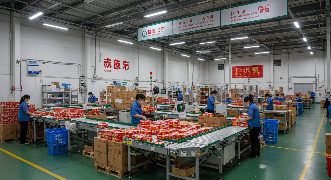 Современный китайский коммерческий район с вывесками 1688 и Taobao, вечерняя атмосфера