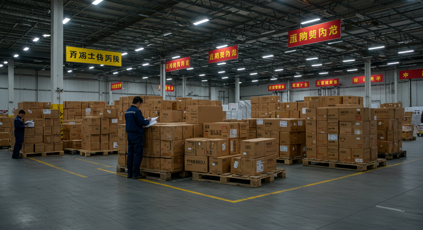 Современный китайский таможенный пост с грузовиком и цифровыми кабинами контроля