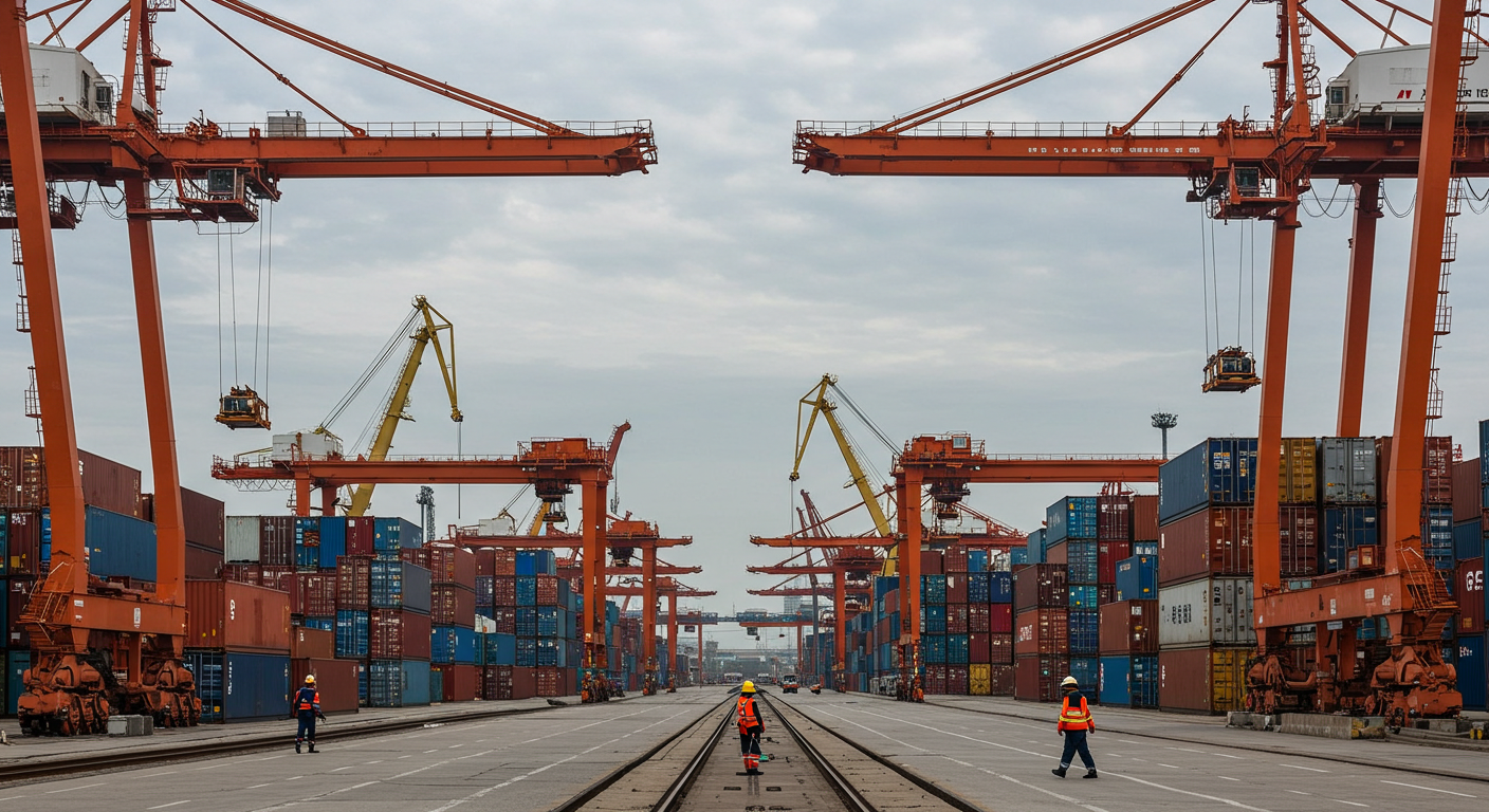 Современный контейнерный порт Восточного порта с грузовыми судами и кранами