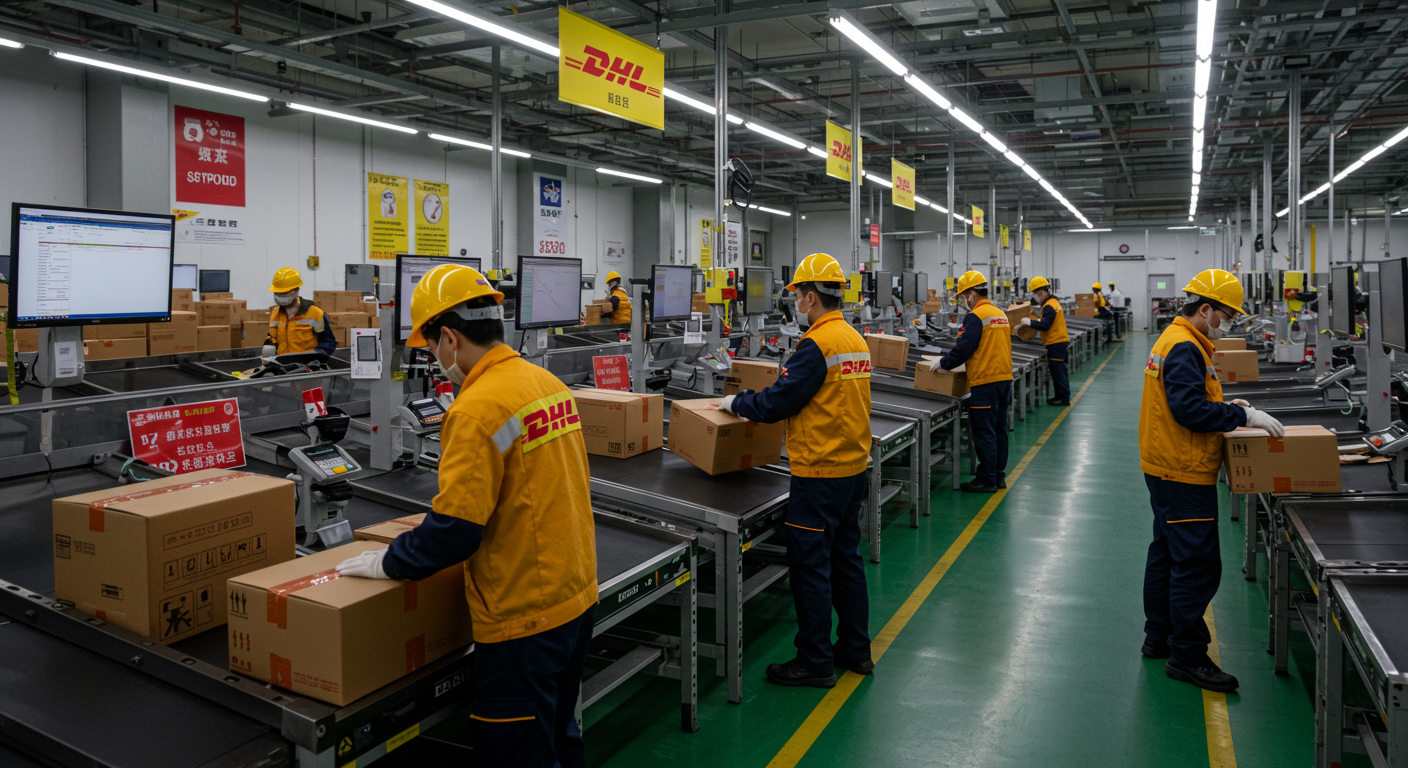 Современный логистический хаб DHL в Китае с грузовиками под навесом