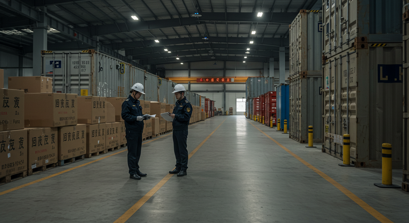 Современный логистический центр с грузовиками для доставки из Китая и таможенными воротами.