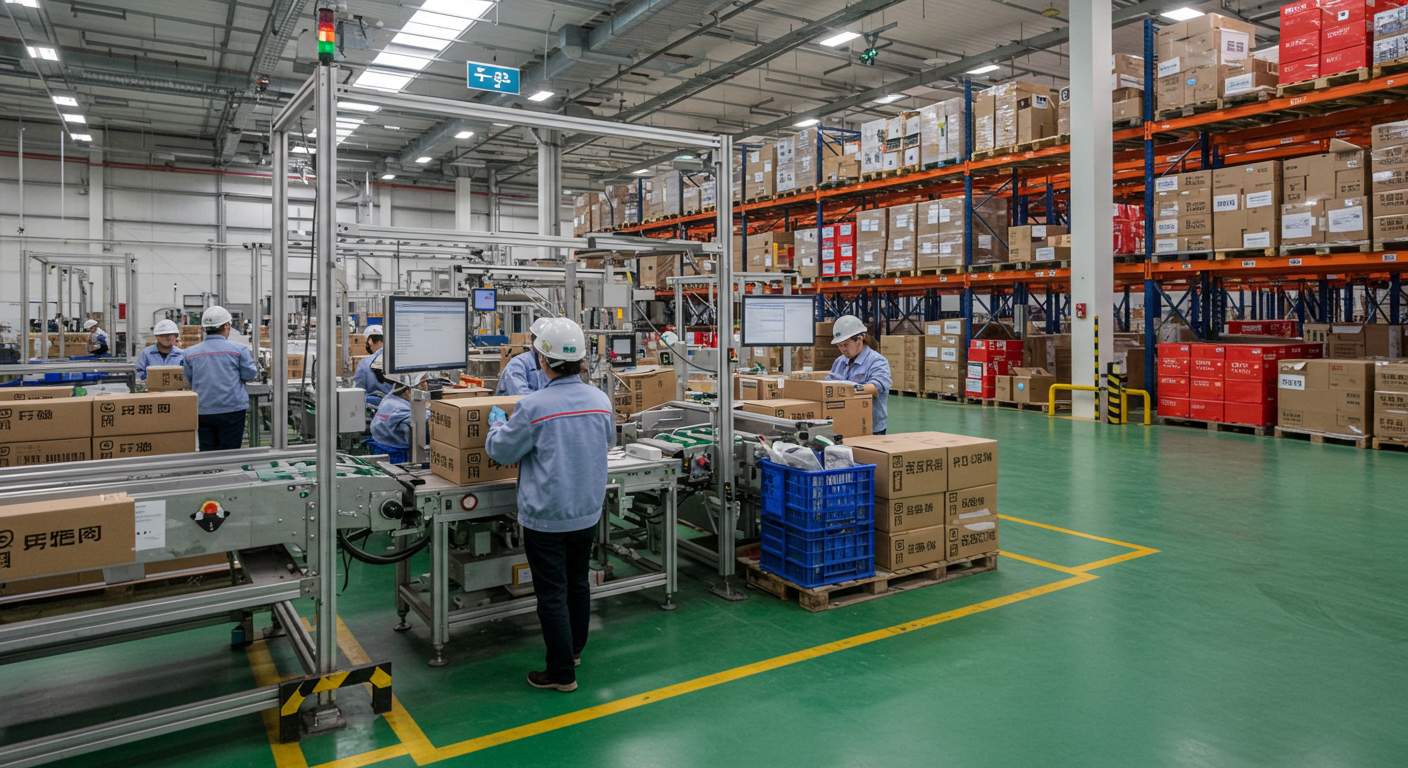 Современный логистический центр у Харбина, грузовики и контейнеры в движении