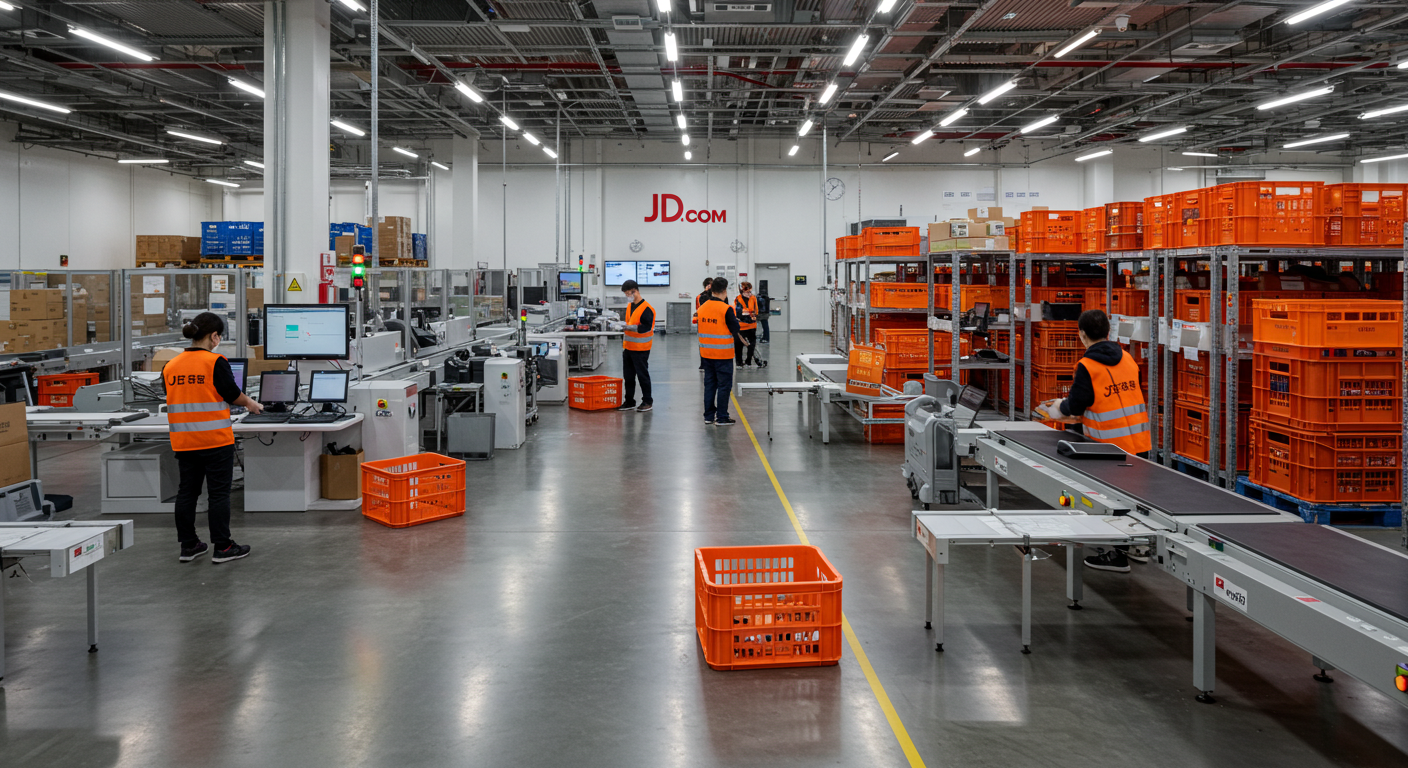 Современный логистический центр в Китае с дронами и роботами на фоне Шанхая