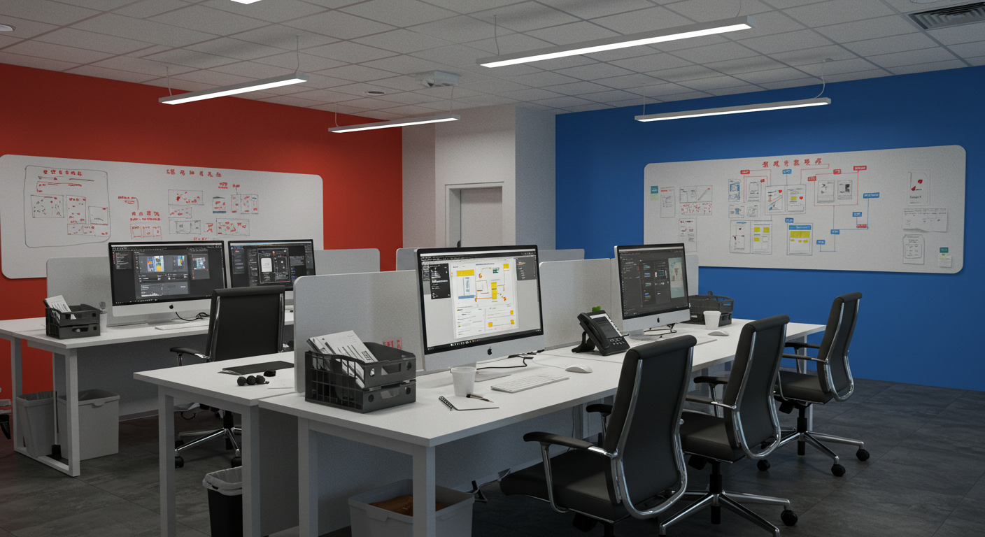 Современный офис, где предприниматели используют WeChat на ноутбуках и смартфонах