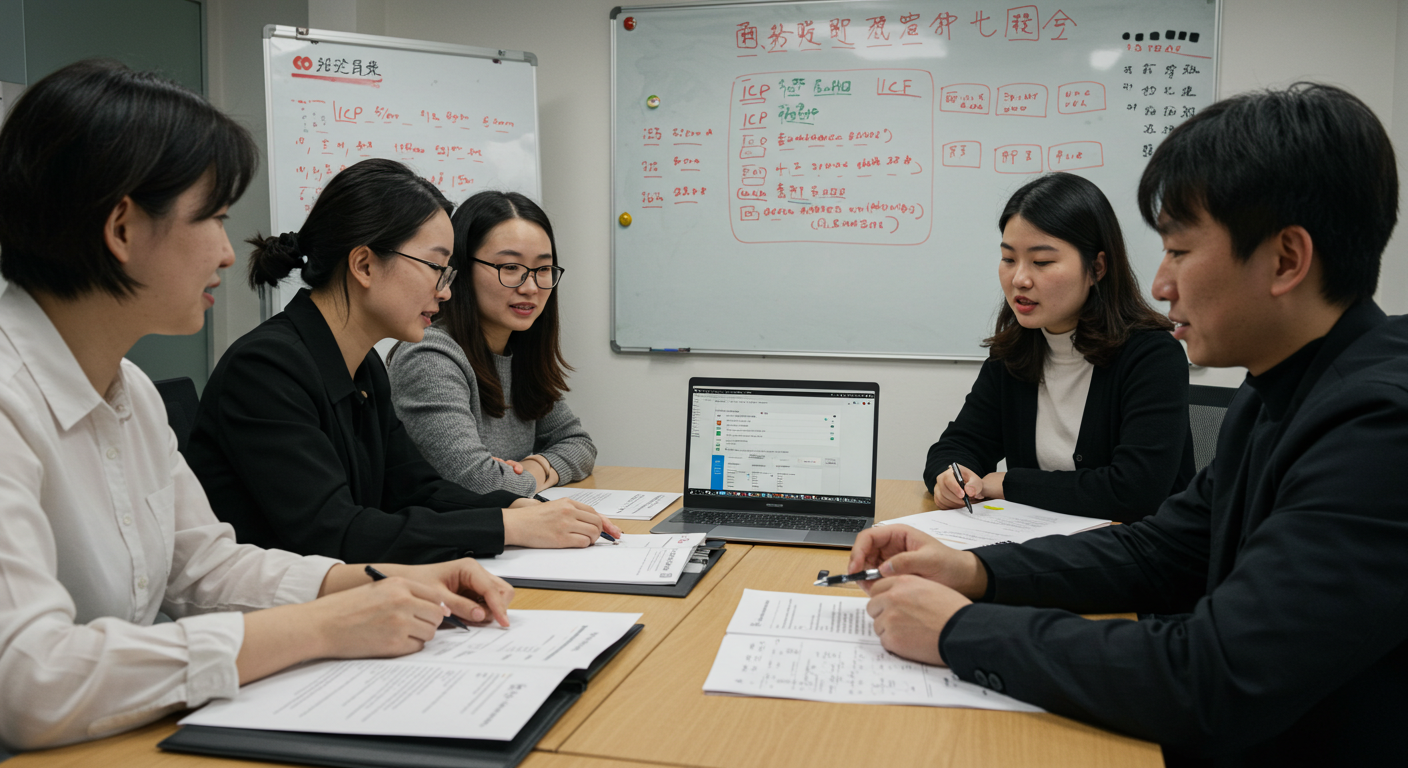 Современный офис с юристом, указывающим на документ ICP лицензии на экране