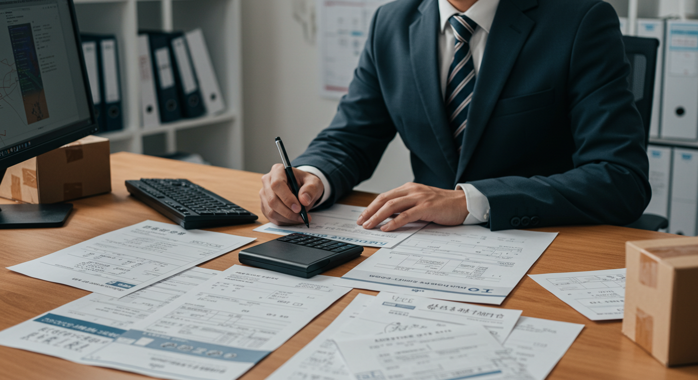 Современный офис таможни с сотрудниками, обрабатывающими документы ВЭД