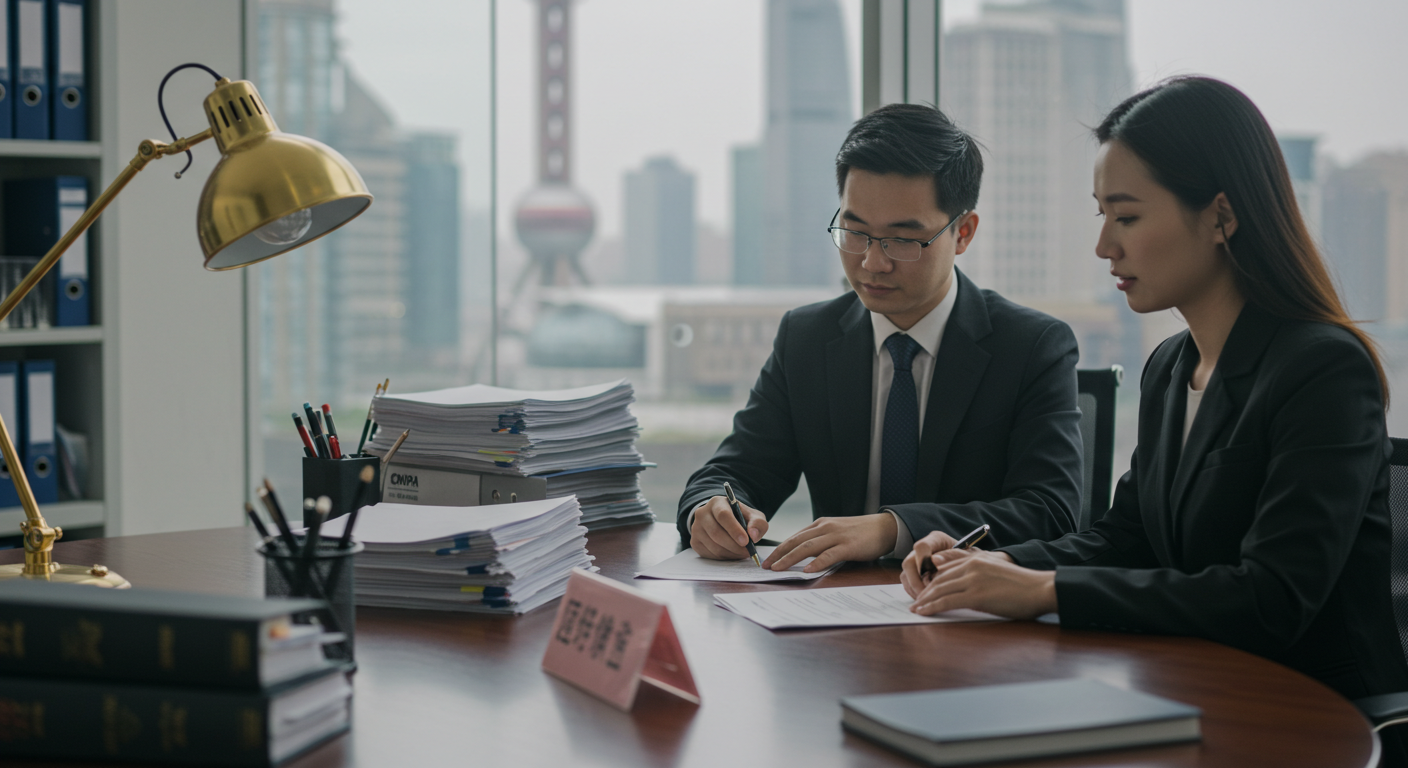 Современный офис в Китае с людьми, просматривающими документы по регистрации ТМ