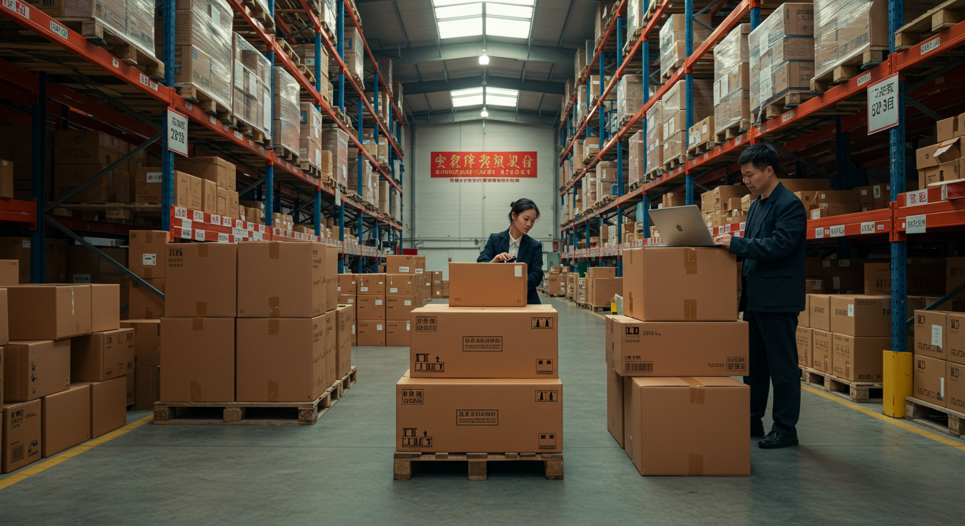 Современный офис в Москве распаковывает товары с Alibaba, видны китайские этикетки