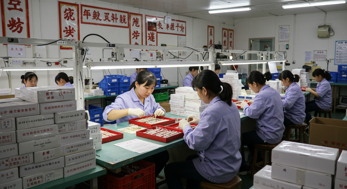 Современный оптовый рынок бижутерии в Иу с яркими прилавками и упаковкой