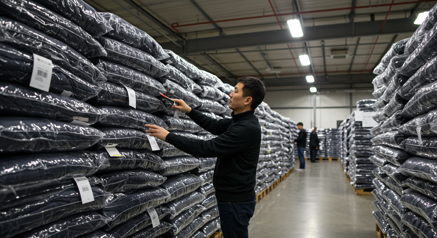 Современный оптовый рынок в Москве, павильон ТЯК с куртками и китайскими надписями.