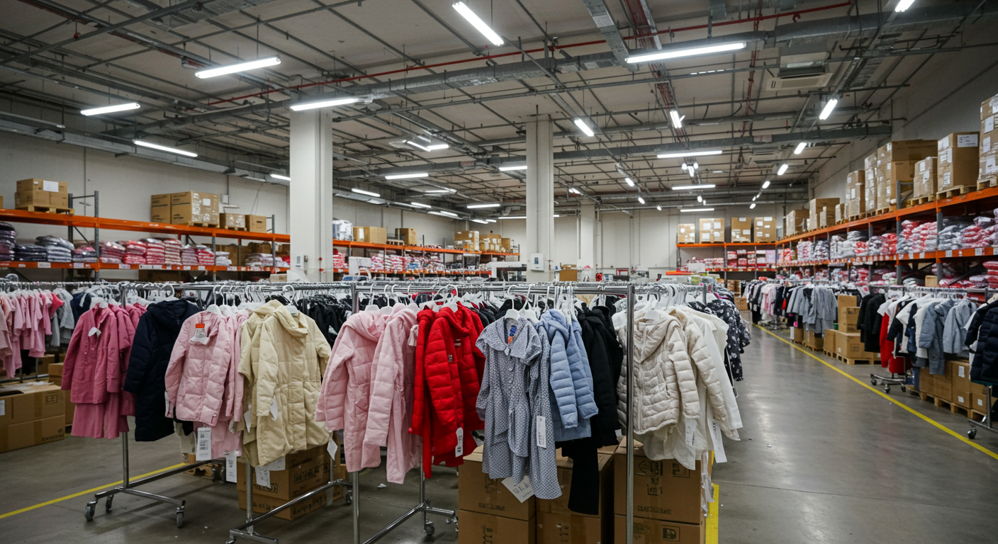 Современный оптовый рынок в Москве с детской одеждой и покупателями
