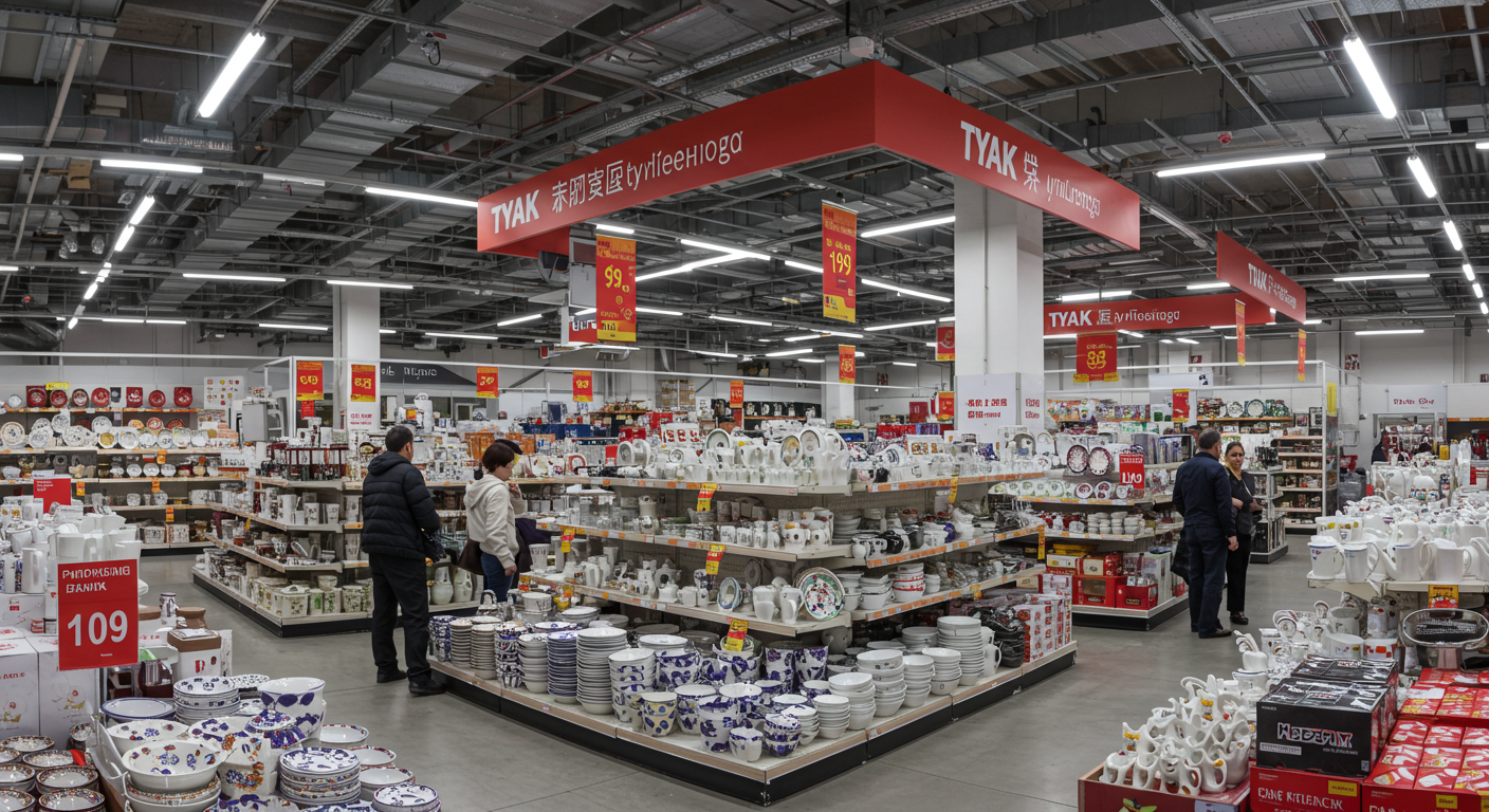 Современный павильон ТЯК с покупателями и образцами посуды из Китая