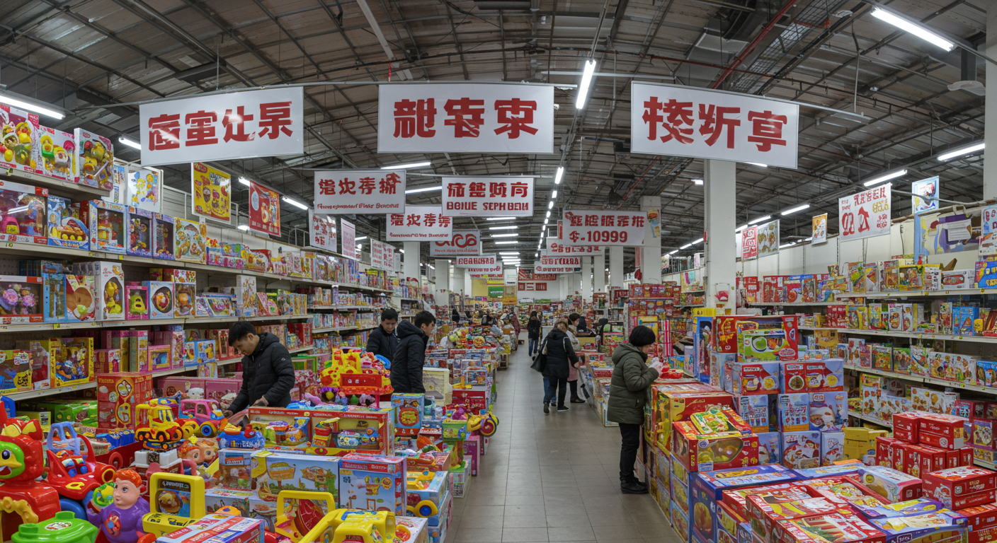 Современный рынок игрушек с большим вывесками и покупателями в Москве