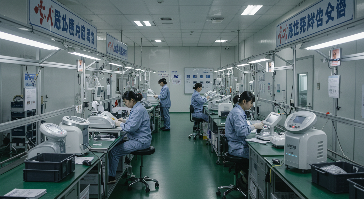 Современный шоурум косметологического оборудования с устройствами и китайскими знаками