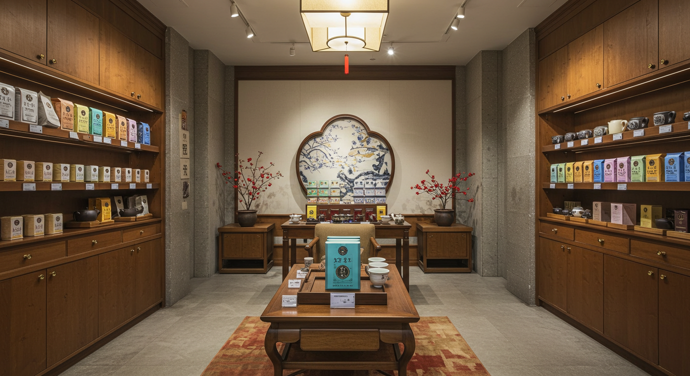 Современный склад чая с аккуратно уложенными коробками и яркими этикетками