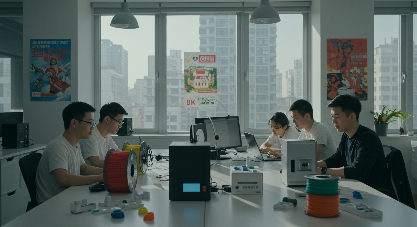 Современный склад с 3D-принтерами и рабочими, загружающими товары в грузовики