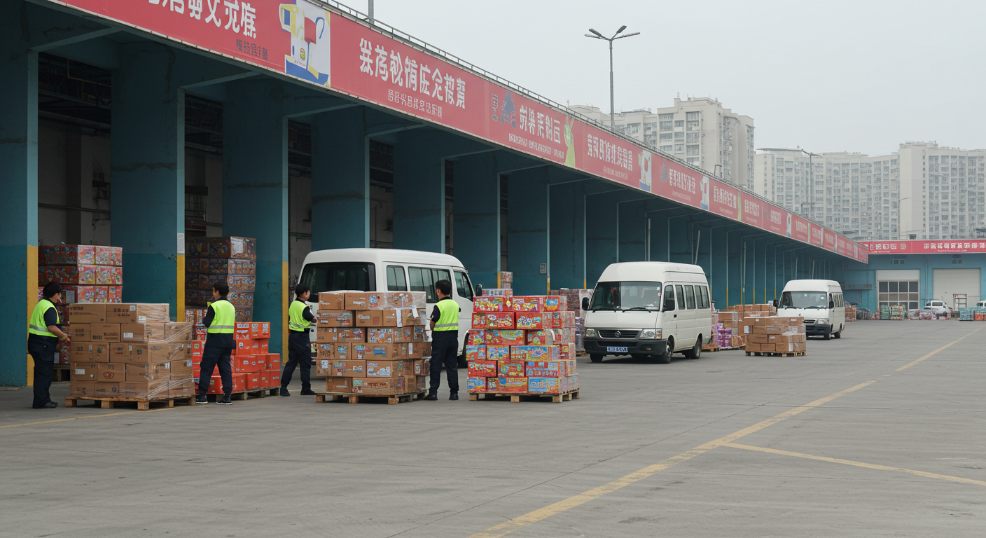 Современный склад с коробками детских игрушек и QR-кодами на упаковке