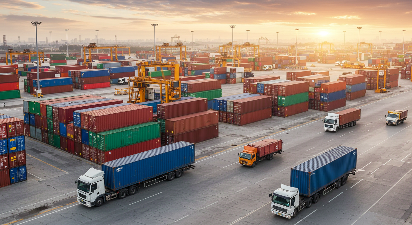 Современный склад с работниками, проверяющими упаковку еды для экспорта