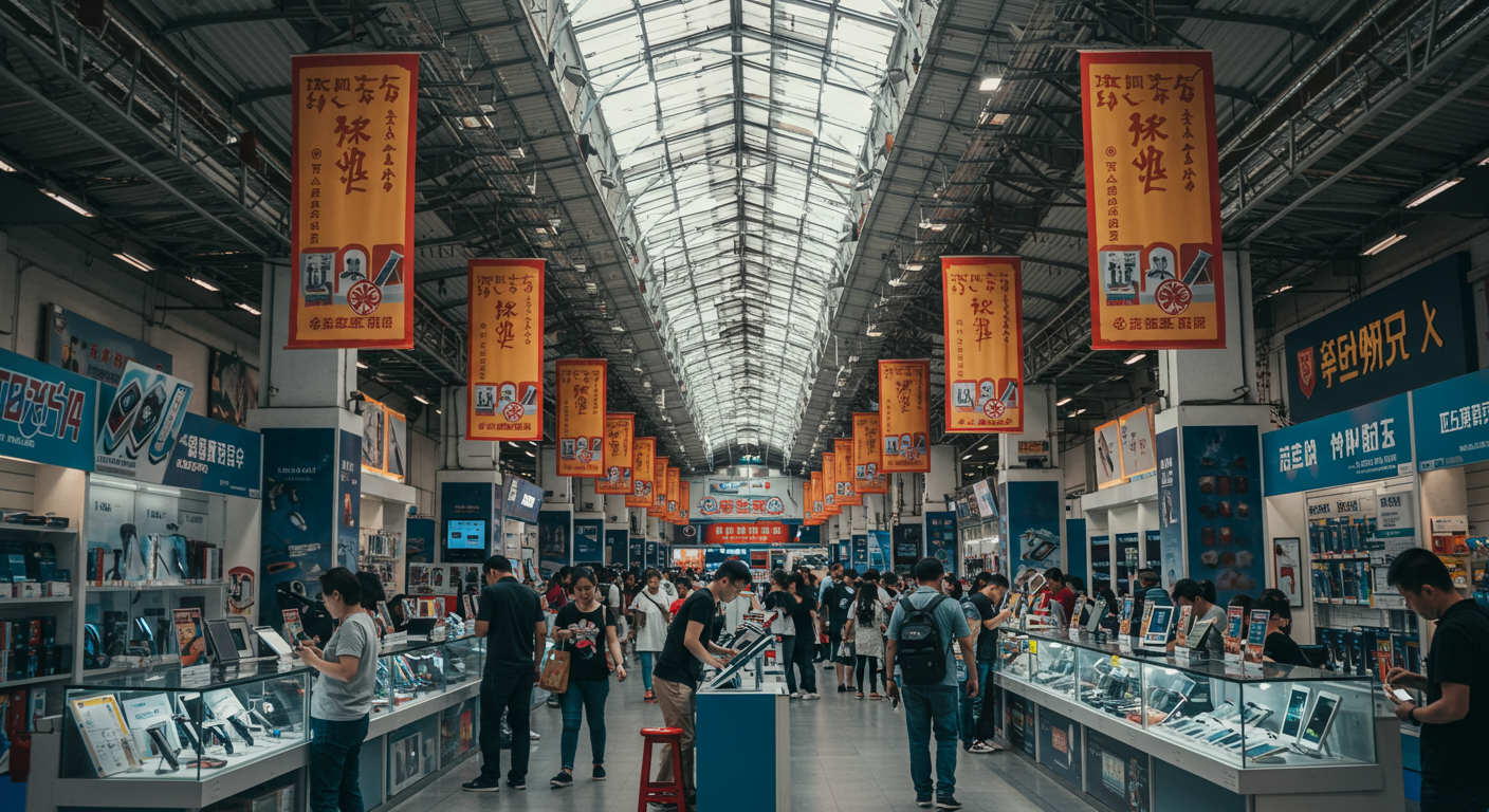 Современный склад с упаковками и интерфейсом Pinduoduo на экране