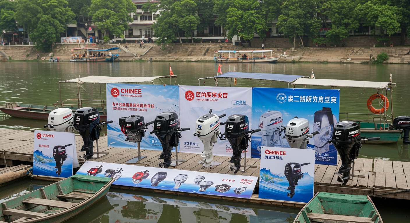 Современный склад с упаковками лодочных моторов и рабочими на фоне баннера GOMARKT.RU