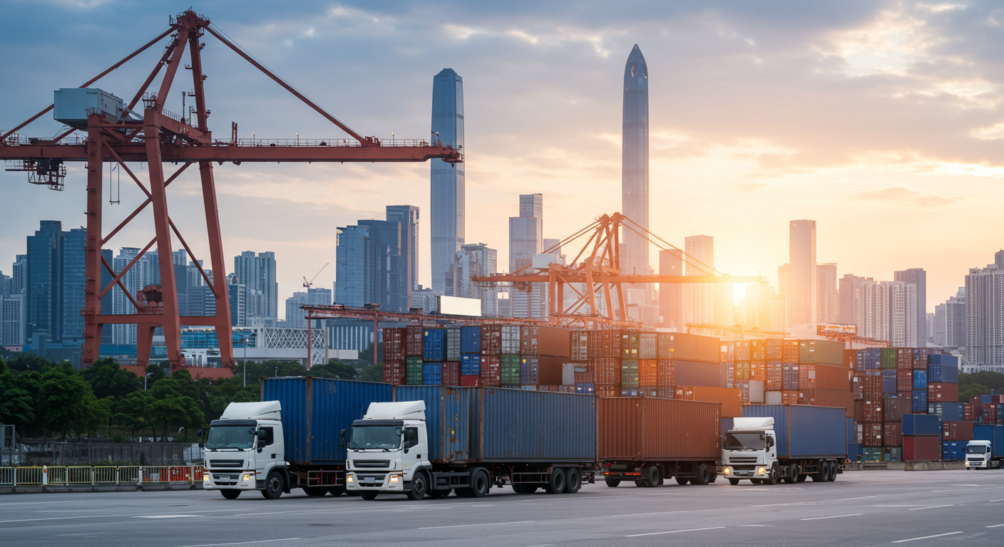 Современный склад в Гуанчжоу с коробками и работниками, сканирующими товары