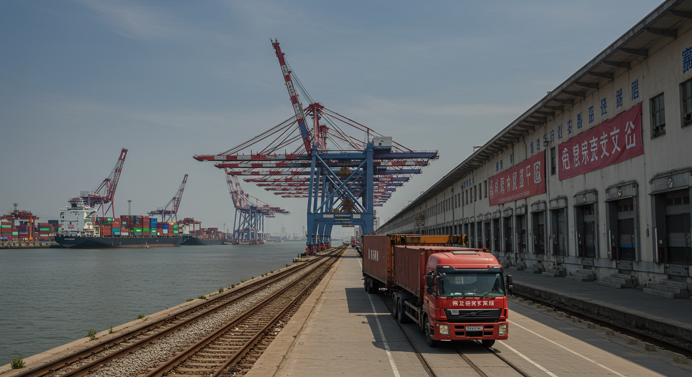 Современный склад в Китае с движущимися грузами на конвейере и работниками