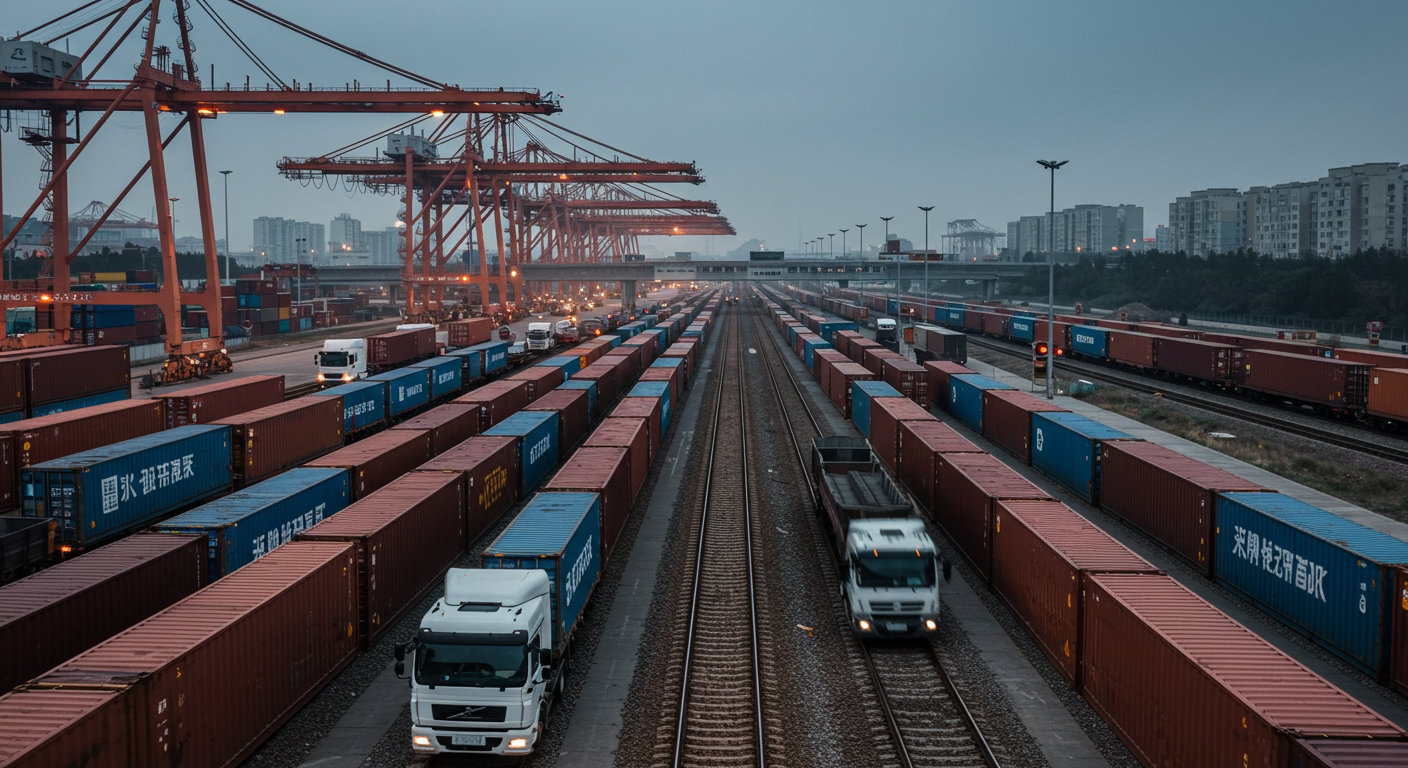 Современный склад в Китае с работниками, загружающими электронику в грузовики