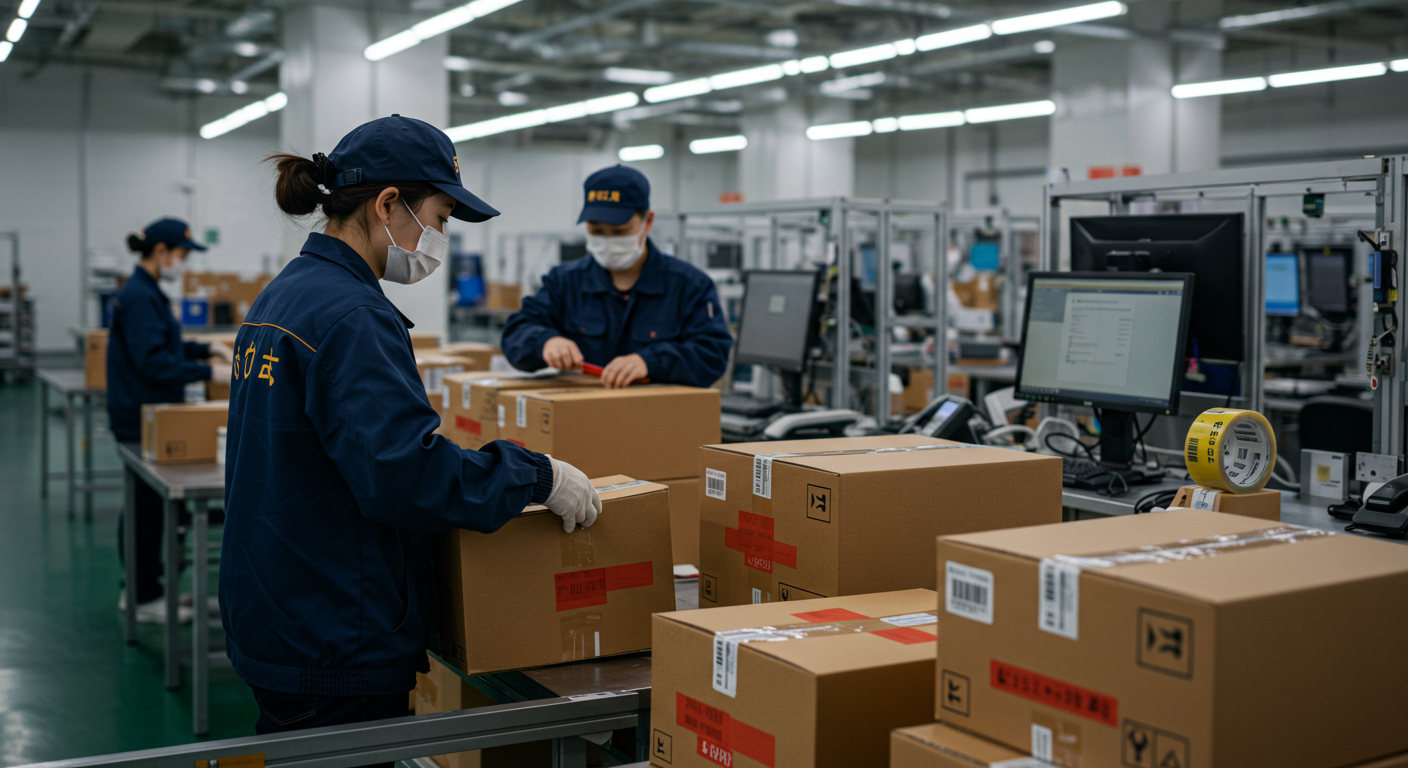 Современный склад в Китае, сотрудники загружают коробки в брендированные грузовики