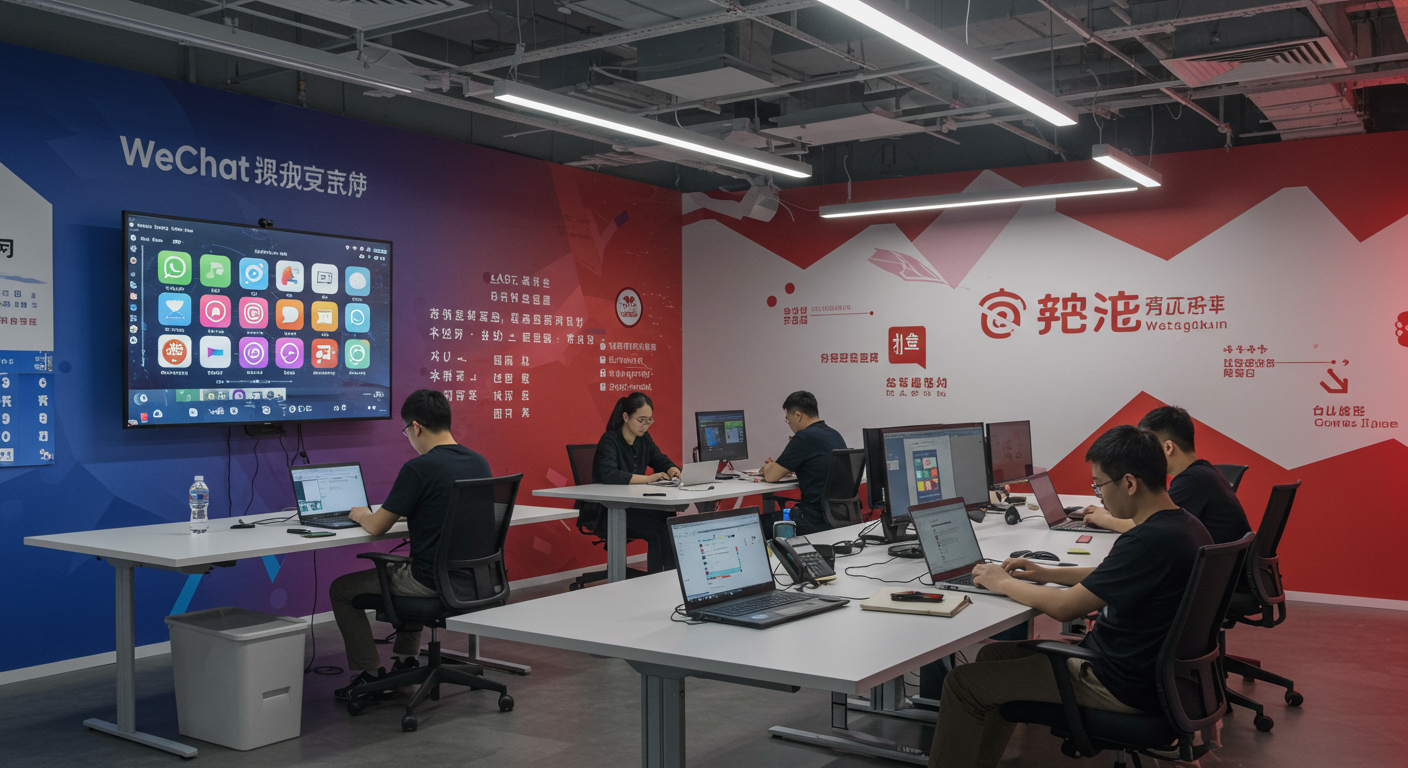 Современный технологический район в Китае с рекламой WeChat и курьерами.