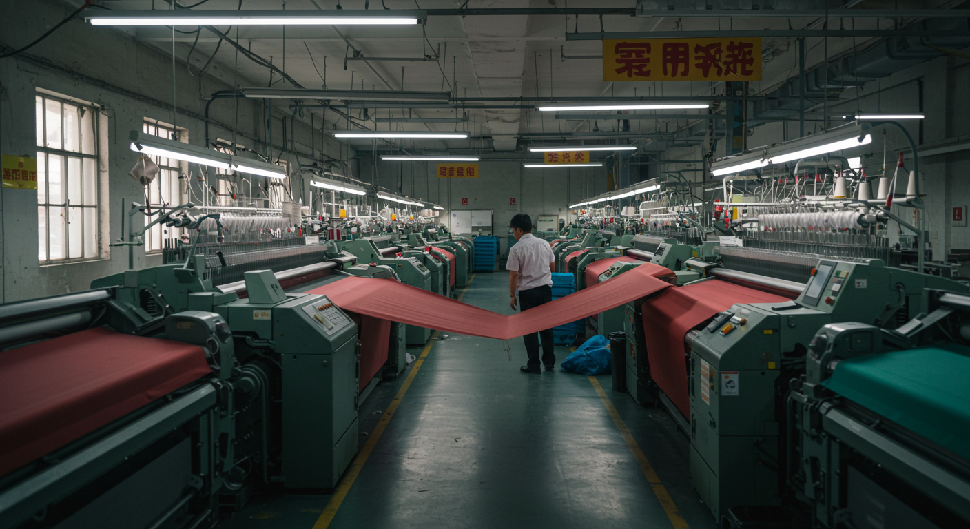 Современный текстильный рынок в Гуанчжоу с яркими рулонами тканей