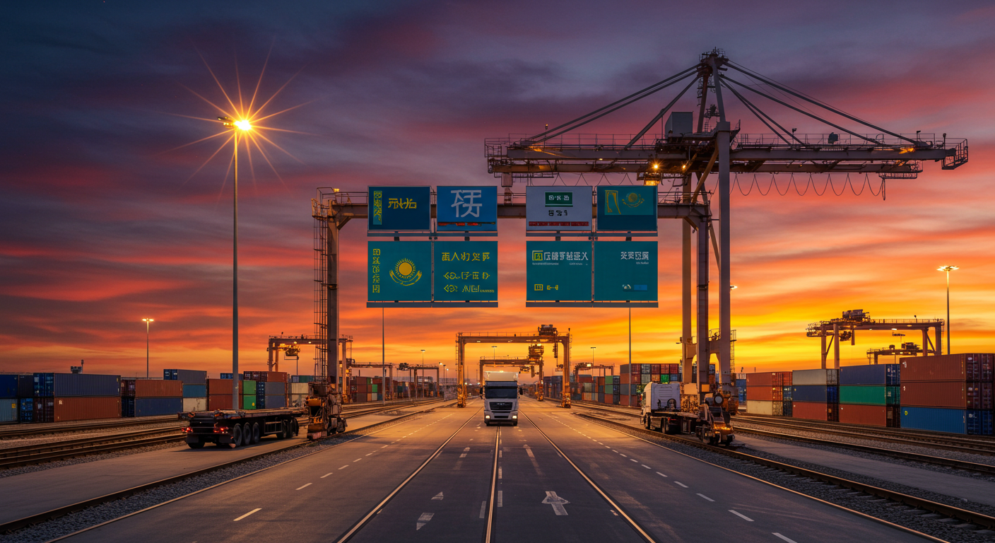 Современный транспортный коридор Казахстана с контейнерами и цифровыми воротами на таможне