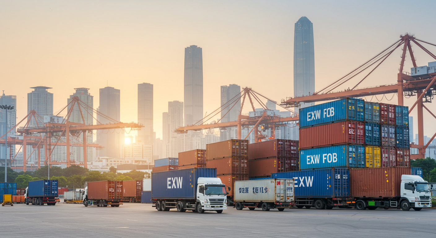 Современный завод в Китае с работниками, собирающими электронику и упаковками EXW