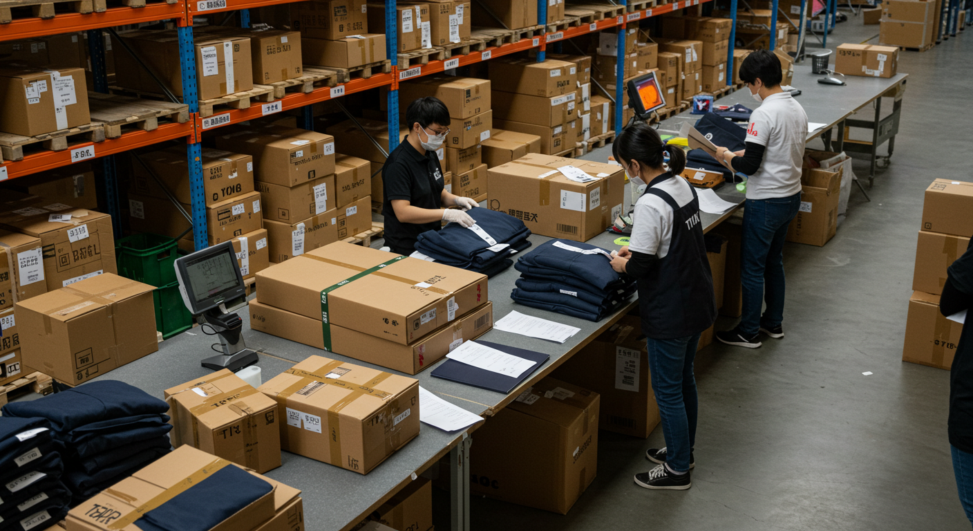 Стенд поставщика на рынке ТЯК с женскими блузками и каталогами одежды.