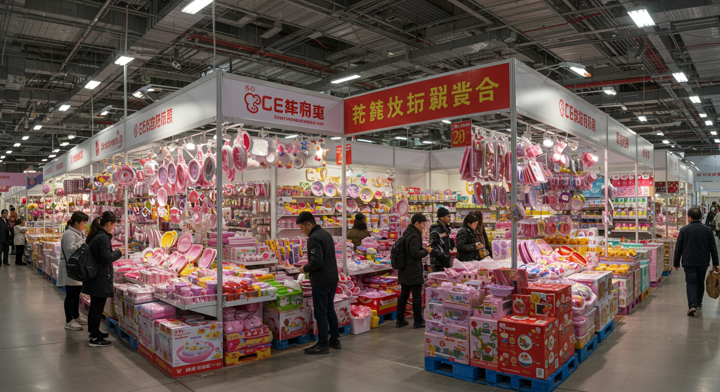 Стенд с яркой детской посудой на рынке ТЯК, китайский продавец помогает покупателю