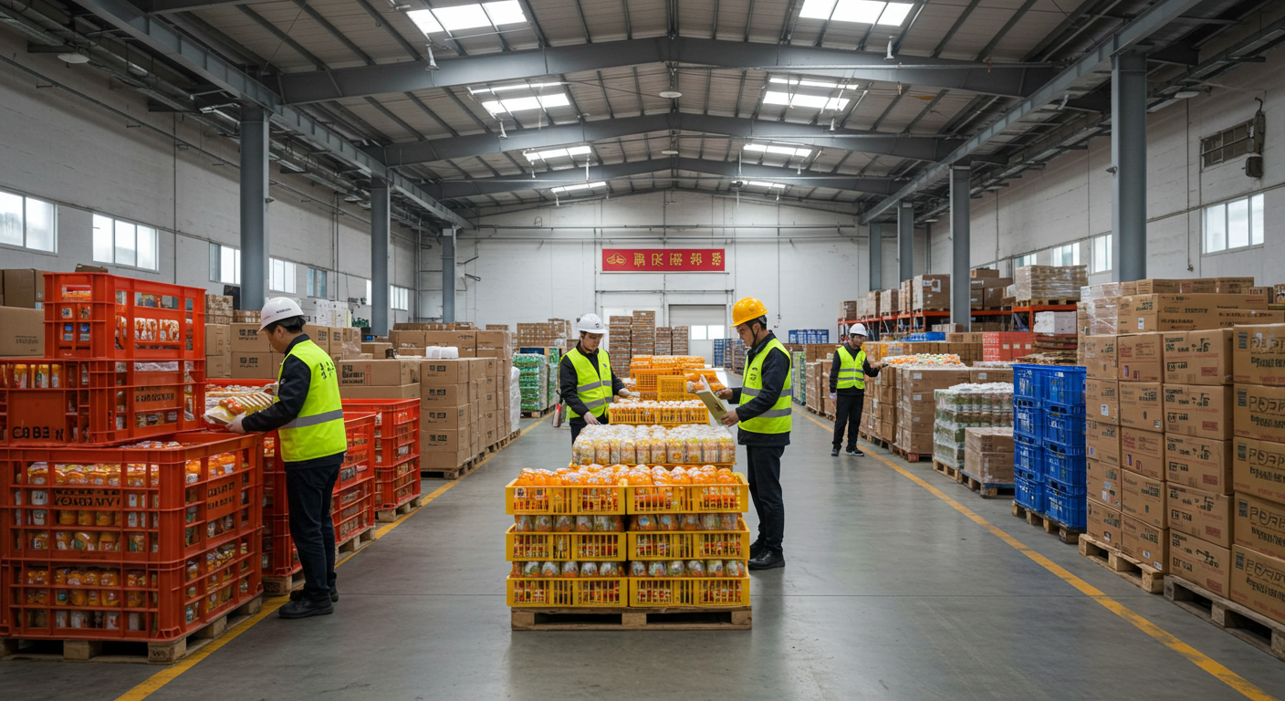 Сцена китайского рынка с полками, полными снеков и соусов