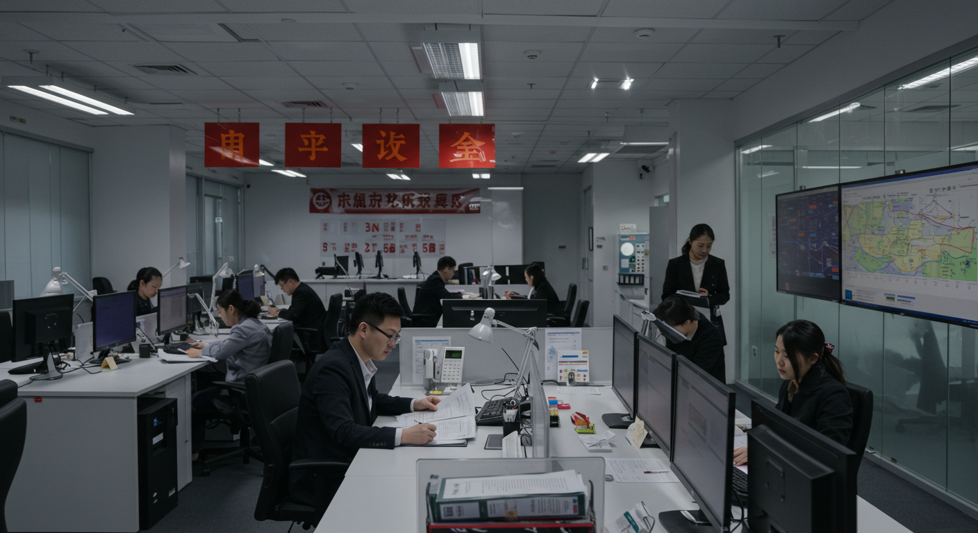 Сцена логистического процесса с офисом, складом и грузовиком для доставки из Китая