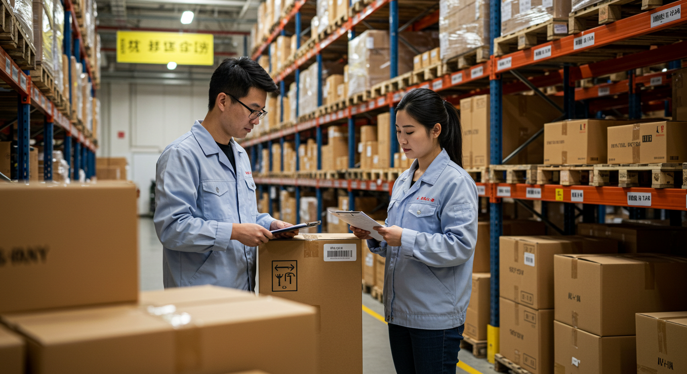 Сцена на китайском оптовом рынке с товарами и работниками в униформе