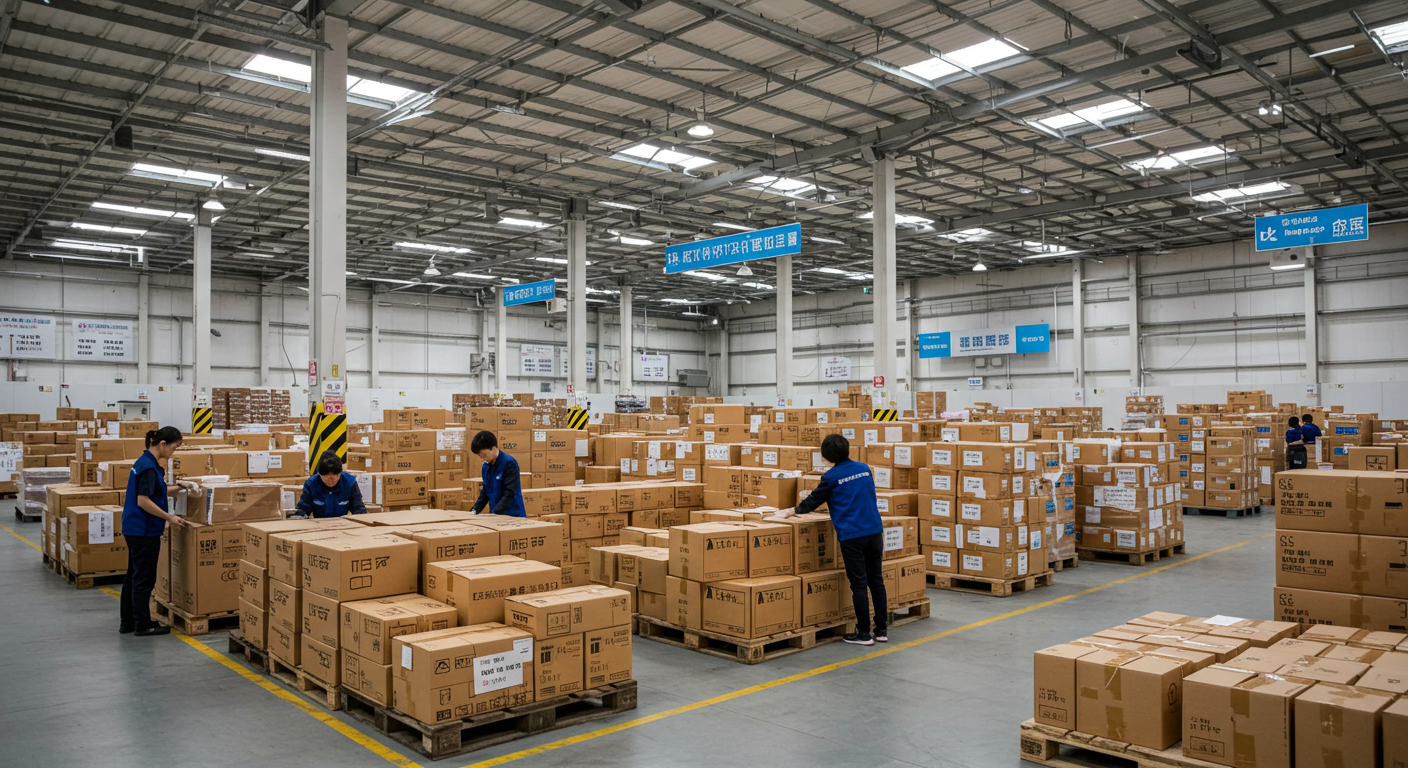 Сцена на оптовом рынке ТЯК Москва, торговцы проверяют образцы одежды и электроники.