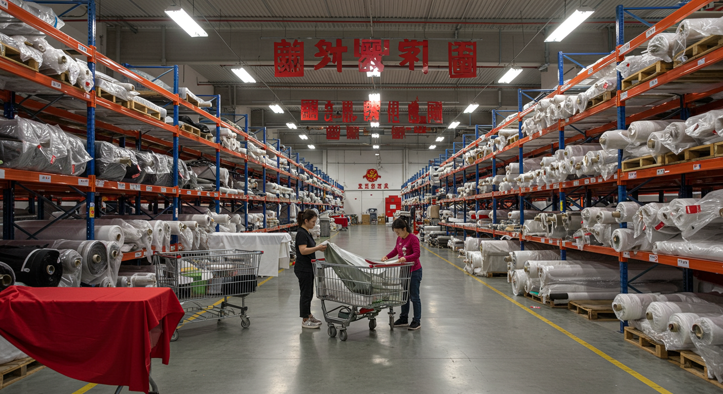 Сцена на рынке тканей в Китае, покупатели выбирают образцы тканей оптом