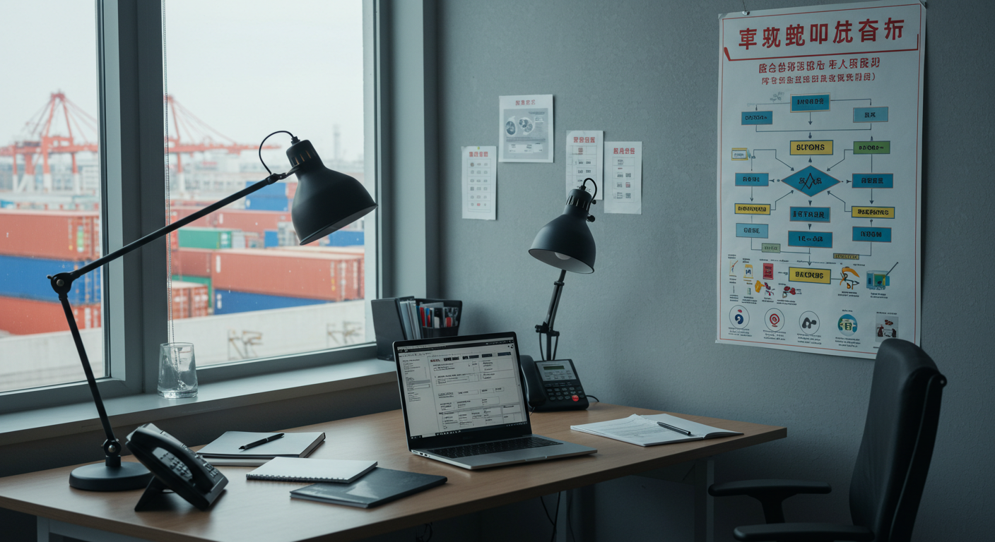 Сцена проверки документов на таможне в Китае с контейнерами и работниками.