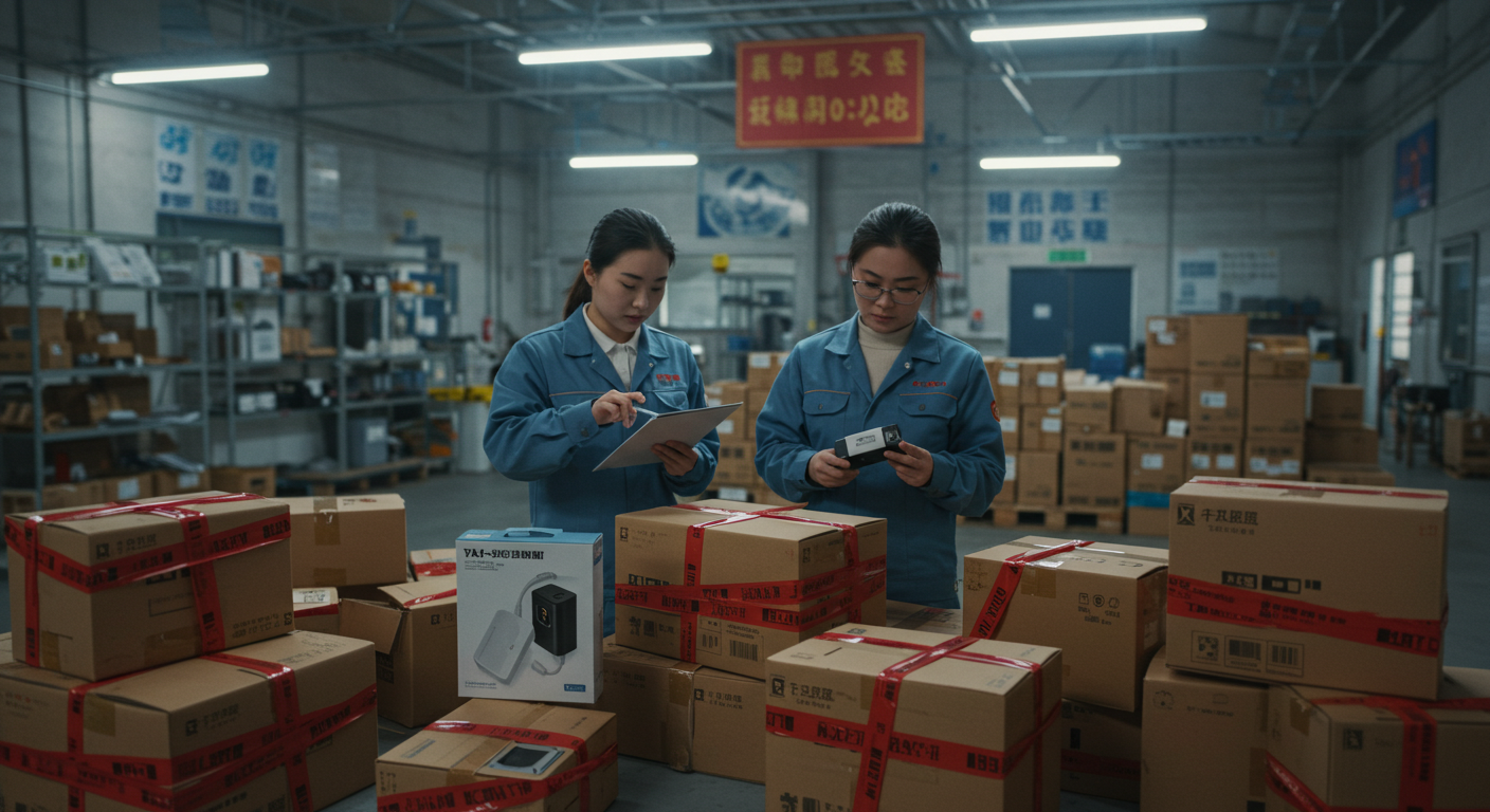 Сцена сRejected товарами из Китая в логистической зоне, опасные знаки и документы